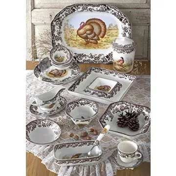Spode Woodland 19" Octagonal Serving Platter, Turkey Motif - Fine Porcelain Thanksgiving Dinnerware with British Flower Boarder for Holiday Feasts and Family Gatherings, Microwave & Dishwasher Safe