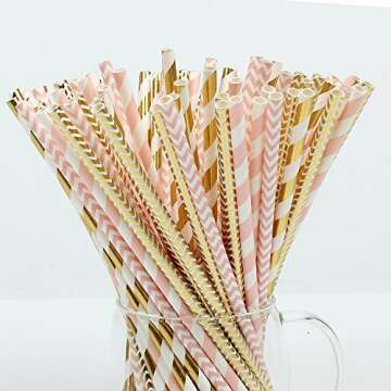 ZOOYOO Paper Straw 100pc For Parties,Birthdays,Weddings,Baby Showers And Celebrations (Pink/Gold)