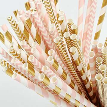 ZOOYOO Paper Straw 100pc For Parties,Birthdays,Weddings,Baby Showers And Celebrations (Pink/Gold)