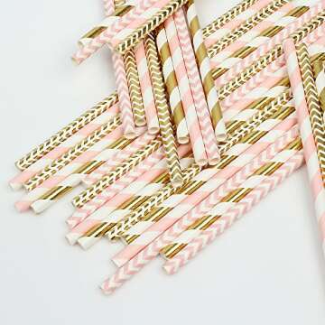 ZOOYOO Paper Straw 100pc For Parties,Birthdays,Weddings,Baby Showers And Celebrations (Pink/Gold)