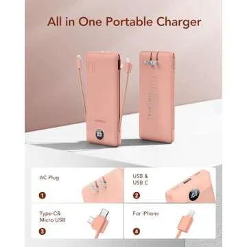 VEGER Portable Charger for iPhone Built in Cables and Wall Plug, 10000mah Slim Fast Charging USB C P...