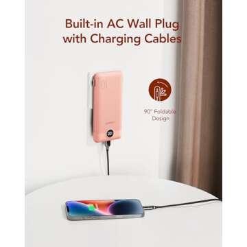 VEGER Portable Charger for iPhone Built in Cables and Wall Plug, 10000mah Slim Fast Charging USB C Power Bank, Travel Essential Battery Pack Compatible with iPhone, iPad, Samsung, and More(Dark Pink)