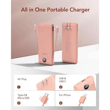 VEGER Portable Charger for iPhone Built in Cables and Wall Plug, 10000mah Slim Fast Charging USB C Power Bank, Travel Essential Battery Pack Compatible with iPhone, iPad, Samsung, and More(Dark Pink)