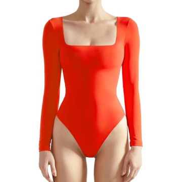 SUUKSESS Women Long Sleeve Bodysuit Sexy Square Neck Thong Body Suit Shirts Top for Fall and Winter ...