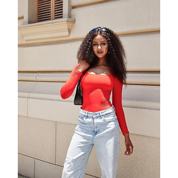 SUUKSESS Women Long Sleeve Bodysuit Sexy Square Neck Thong Body Suit Shirts Top for Fall and Winter (Red, S)