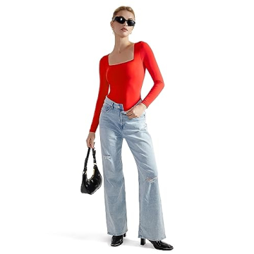 SUUKSESS Women Long Sleeve Bodysuit Sexy Square Neck Thong Body Suit Shirts Top for Fall and Winter (Red, S)