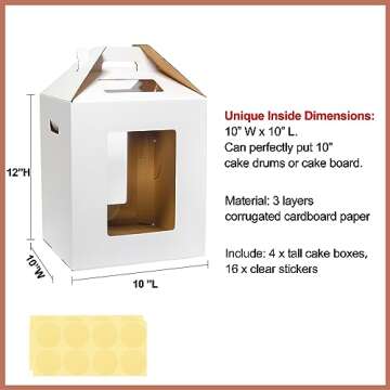 Mcfleet Tall Cake Boxes 4 Pack 10x10x12 for Tier Cakes with Window - 10 Inch Disposable Large Layer ...