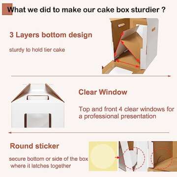 Mcfleet Tall Cake Boxes 4 Pack 10x10x12 for Tier Cakes with Window - 10 Inch Disposable Large Layer Bakery Carrier with Handle - Bakery Safe Transport Box for Wedding, Birthday, Party