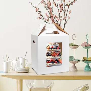 Mcfleet Tall Cake Boxes 4 Pack 10x10x12 for Tier Cakes with Window - 10 Inch Disposable Large Layer Bakery Carrier with Handle - Bakery Safe Transport Box for Wedding, Birthday, Party