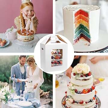 Mcfleet Tall Cake Boxes 4 Pack 10x10x12 for Tier Cakes with Window - 10 Inch Disposable Large Layer Bakery Carrier with Handle - Bakery Safe Transport Box for Wedding, Birthday, Party