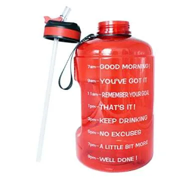 QuiFit Motivational Gallon Water Bottle - with Straw & Time Marker BPA Free Large Reusable Sport Water Jug with Handle for Fitness Outdoor Enthusiasts Leak-Proof (Red,1 gallon)