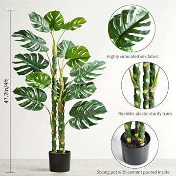 Mingfuxin 4ft Artificial Trees, 47.3" Faux Monstera Deliciosa Plant Potted, Fake Swiss Cheese Plant Tropical Monstera Palm Tree for Indoor and Outdoor Home Decoration