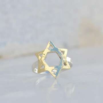 9K Solid Gold Star of David Ring for Women with Sterling Silver Base - Hammered Two Tone Jewish Davi...