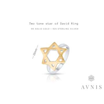 9K Solid Gold Star of David Ring for Women with Sterling Silver Base - Hammered Two Tone Jewish David Jewish Star Ring Jewelry, Size 7