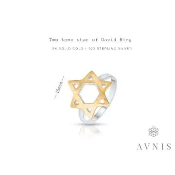 9K Solid Gold Star of David Ring for Women with Sterling Silver Base - Hammered Two Tone Jewish David Jewish Star Ring Jewelry, Size 7