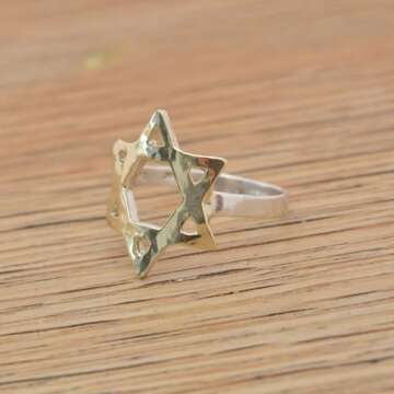 9K Solid Gold Star of David Ring for Women with Sterling Silver Base - Hammered Two Tone Jewish David Jewish Star Ring Jewelry, Size 7
