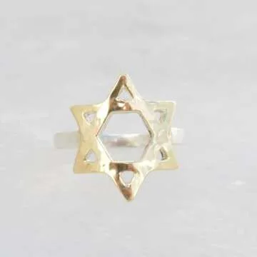 9K Solid Gold Star of David Ring for Women with Sterling Silver Base - Hammered Two Tone Jewish David Jewish Star Ring Jewelry, Size 7