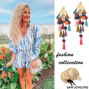 Long Tassel Earrings Statement Bohemian Pom Ball Handmade Drop Dangle Earrings for Women