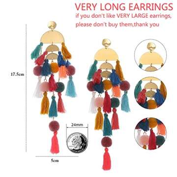 Long Tassel Earrings Statement Bohemian Pom Ball Handmade Drop Dangle Earrings for Women