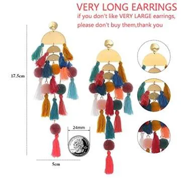 Long Tassel Earrings Statement Bohemian Pom Ball Handmade Drop Dangle Earrings for Women
