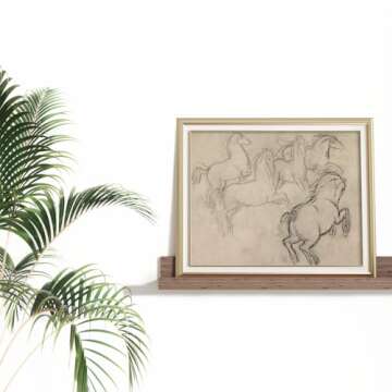 Vintage Farmhouse Horse Wall Art - Horse Drawing Etching Rustic Gray Picture - Beige Equine Pony Equestrian Print Poster - Grey Neutral Animal Sketch - Minimalist Mid Century French Country Room Decor