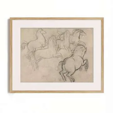 Vintage Farmhouse Horse Wall Art - Horse Drawing Etching Rustic Gray Picture - Beige Equine Pony Equestrian Print Poster - Grey Neutral Animal Sketch - Minimalist Mid Century French Country Room Decor