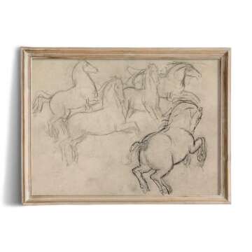 Vintage Farmhouse Horse Wall Art - Horse Drawing Etching Rustic Gray Picture - Beige Equine Pony Equestrian Print Poster - Grey Neutral Animal Sketch - Minimalist Mid Century French Country Room Decor
