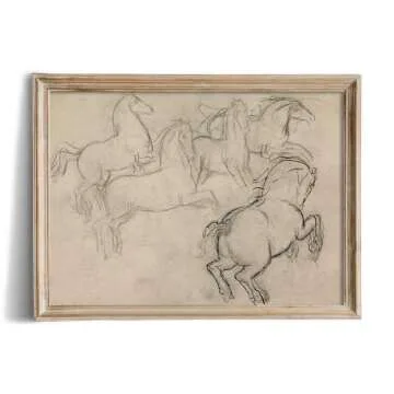 Vintage Farmhouse Horse Wall Art - Horse Drawing Etching Rustic Gray Picture - Beige Equine Pony Equestrian Print Poster - Grey Neutral Animal Sketch - Minimalist Mid Century French Country Room Decor