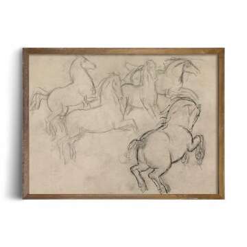 Vintage Farmhouse Horse Wall Art - Horse Drawing Etching Rustic Gray Picture - Beige Equine Pony Equestrian Print Poster - Grey Neutral Animal Sketch - Minimalist Mid Century French Country Room Decor
