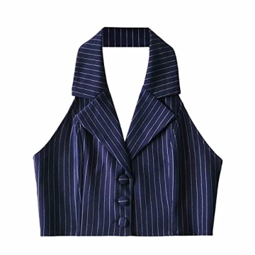 Jeovuanun Womens Pinstripe Button Down Halterneck Waistcoat Cropped Versatile Tuxedo Suit Vest