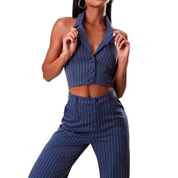Jeovuanun Womens Pinstripe Button Down Halterneck Waistcoat Cropped Versatile Tuxedo Suit Vest