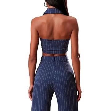 Jeovuanun Womens Pinstripe Button Down Halterneck Waistcoat Cropped Versatile Tuxedo Suit Vest