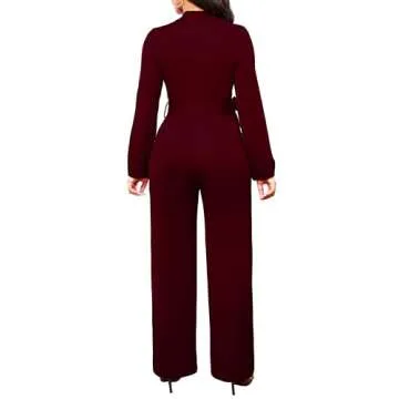 Wine Red Casual Jumpsuits for Women Business Elegant Button Down Long Sleeve Long Straight Pants Jumpsuit with Pockets Belt(X-Large)