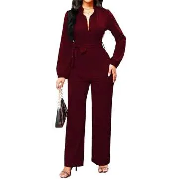 Wine Red Casual Jumpsuits for Women Business Elegant Button Down Long Sleeve Long Straight Pants Jumpsuit with Pockets Belt(X-Large)