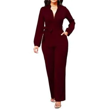 Wine Red Casual Jumpsuits for Women Business Elegant Button Down Long Sleeve Long Straight Pants Jumpsuit with Pockets Belt(X-Large)