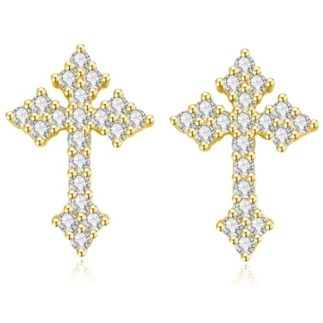 18K Gold Plated Sterling Silver Cross Stud Earrings for Women Men, CZ Cross Stud Hypoallergenic Jewe...