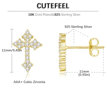 18K Gold Plated Cross Stud Earrings for Men Women