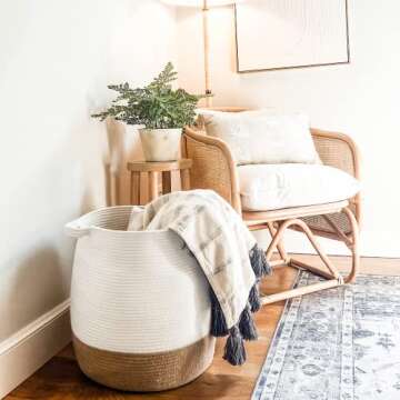 Goodpick Large Woven Laundry Basket, Boho Laundry Basket for home decor, Round Blanket Basket for Living Room, Jute Decorative Basket with Handles for Clothes,Blanket, Shoes, 17.71 x 17.71 inches