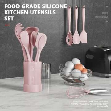 Silicone Cooking Utensils Set - 446°F Heat Resistant Kitchen Utensils,Turner Tongs,Spatula,Spoon,Br...