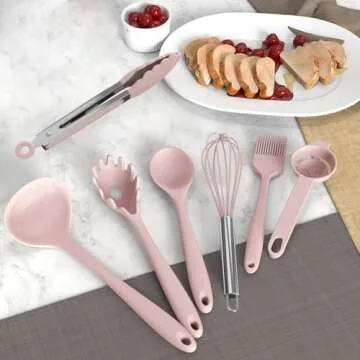 Silicone Cooking Utensils Set - 446°F Heat Resistant Kitchen Utensils,Turner Tongs,Spatula,Spoon,Brush,Whisk,Kitchen Utensil Gadgets Tools Set for Nonstick Cookware,Dishwasher Safe BPA Free(Pink)