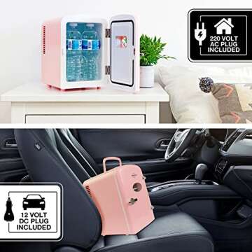 Koolatron Retro Mini Portable Fridge 4L Compact Refrigerator for Skincare Beauty Makeup Serum Face Mask Personal Cooler with 12V and AC Cords Desktop Accessory for Home Office Dorm Travel Pink