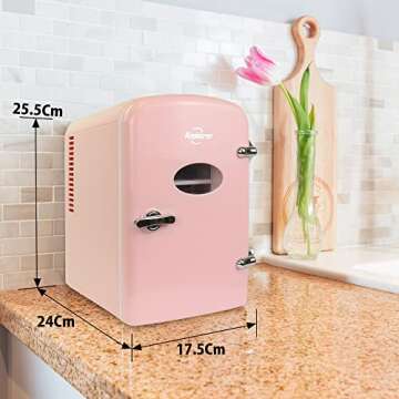 Koolatron Retro Mini Portable Fridge 4L Compact Refrigerator for Skincare Beauty Makeup Serum Face Mask Personal Cooler with 12V and AC Cords Desktop Accessory for Home Office Dorm Travel Pink