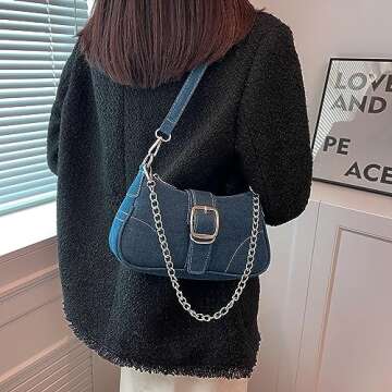Denim Hobo Purse for Women Small Black Shoulder Crossbody Bag Y2K handbag Evening Bag-Blue