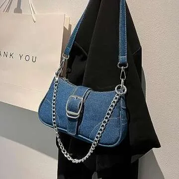 Denim Hobo Purse for Women Small Black Shoulder Crossbody Bag Y2K handbag Evening Bag-Blue