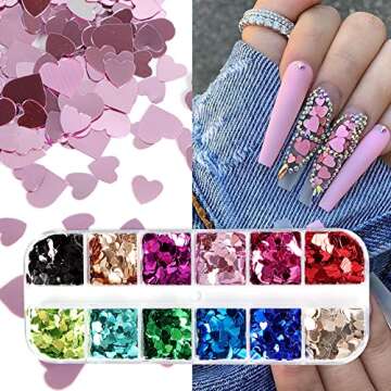 Heart Glitter Sequins for Valentine's Day Nail Art,12 Colors 3D Holographic Sparkles Heart Shape Fla...