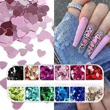 Heart Glitter Sequins for Valentine's Day Nail Art,12 Colors 3D Holographic Sparkles Heart Shape Fla...