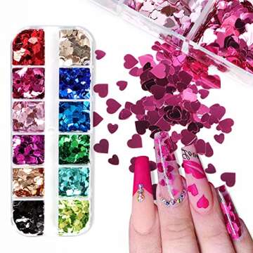 Heart Glitter Sequins for Valentine's Day Nail Art,12 Colors 3D Holographic Sparkles Heart Shape Flakes Sticker Confetti Glitter Nail Decals for Nail Decoration Eye Face Body DIY Crafts