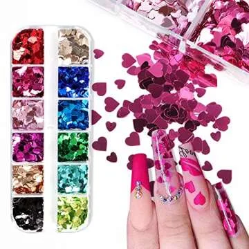 Heart Glitter Sequins for Valentine's Day Nail Art,12 Colors 3D Holographic Sparkles Heart Shape Flakes Sticker Confetti Glitter Nail Decals for Nail Decoration Eye Face Body DIY Crafts