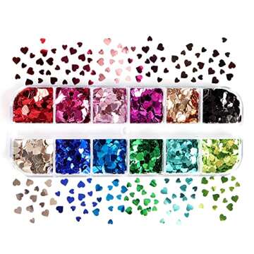 Heart Glitter Sequins for Valentine's Day Nail Art,12 Colors 3D Holographic Sparkles Heart Shape Flakes Sticker Confetti Glitter Nail Decals for Nail Decoration Eye Face Body DIY Crafts