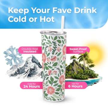 Floral Print Vacuum Insulated Stainless Steel Skinny Tumbler with Straw - Coffee Mug with Lid - Tea ...
